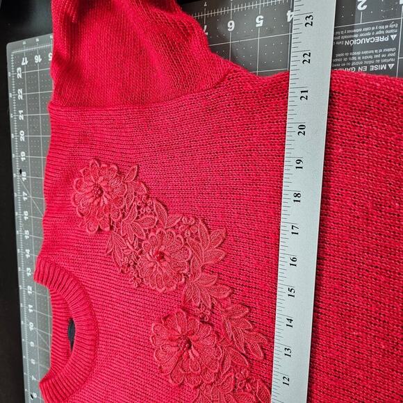 Vintage 80s Sweater Womens Medium Red Floral Lace Beaded Glam Knit Embellished - Picture 8 of 9
